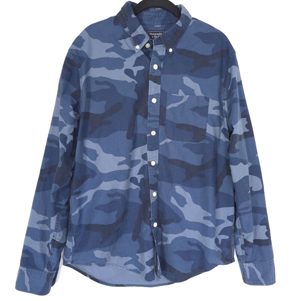 ABERCROMBIE & FITCH Mens Shirt Button Up LARGE Camo Military Blue 100% Cotton‎